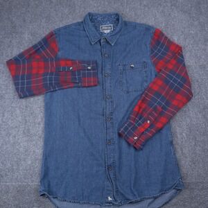 Modern Amusement Button Up Shirt Mens Large Blue Denim Red Plaid Flannel Sleeves